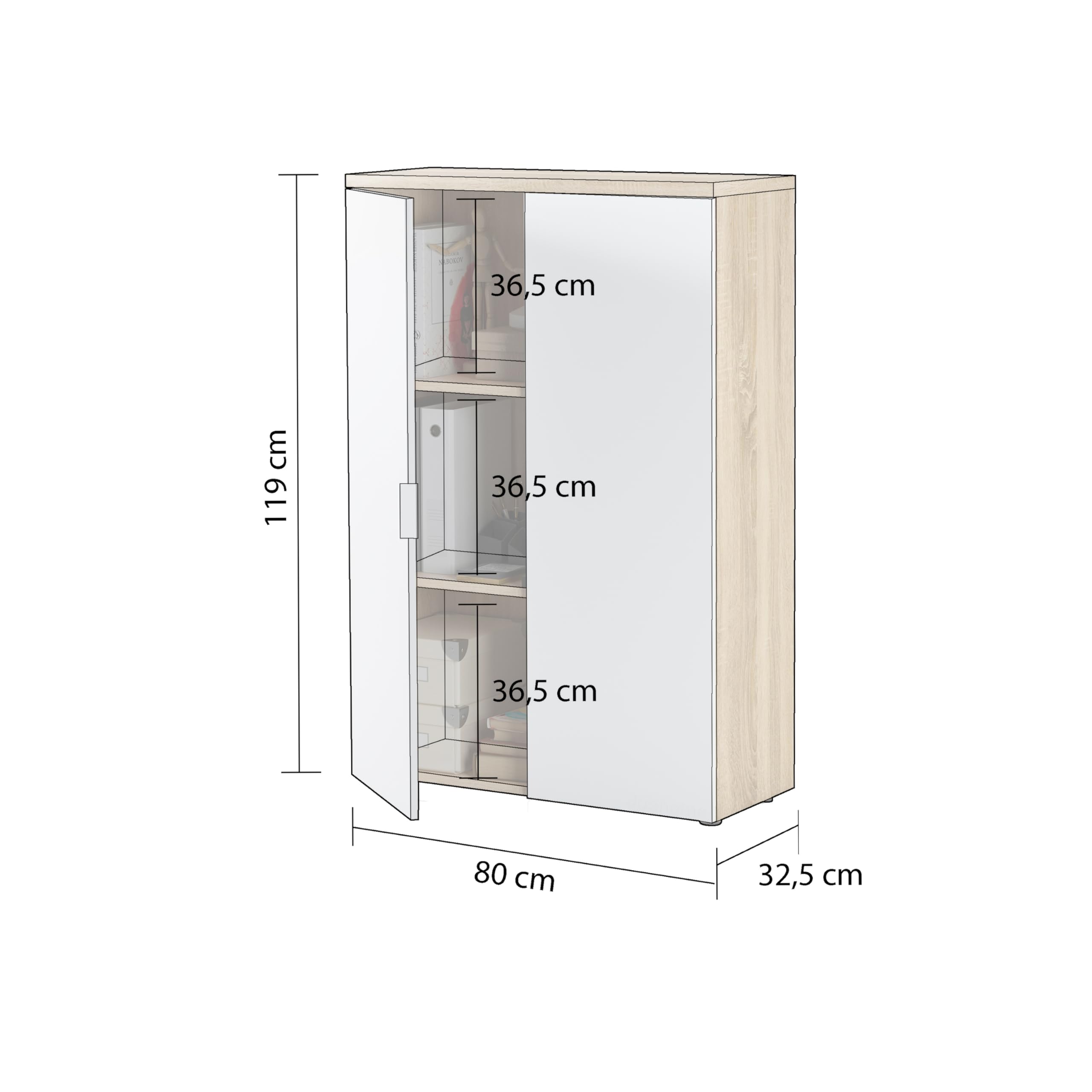 duehome | Mueble Auxiliar Despacho, Armario Estudio, Modelo Work, Acabado en Blanco Artik y Roble Canadian, Medidas: 119 cm (Alto) x 80 cm (Ancho) x 32,5 cm (Fondo)
