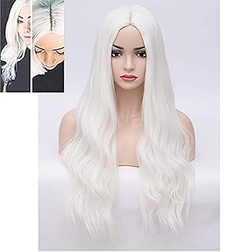 BERON 28 Women Girls Long Wavy Synthetic Wigs for Costume Play Party with Wig Cap (White)
