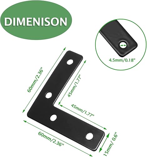 Miniatura 3 de 20 placas planas en forma de L de 2.36 x 2.36 pulgadas, soporte de esquina plana en ángulo recto, negro