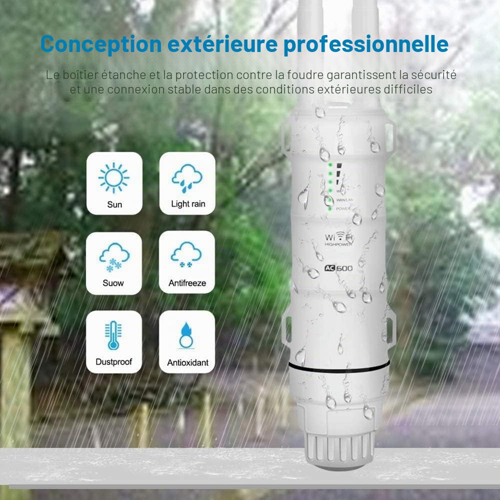 Wavlink AC600 Amplificateur WiFi/Repeteur WiFi Puissant Exterieur en Charge Poe/Dual-Band 2.4+5G/2 Antenne WiFi Longue Portée