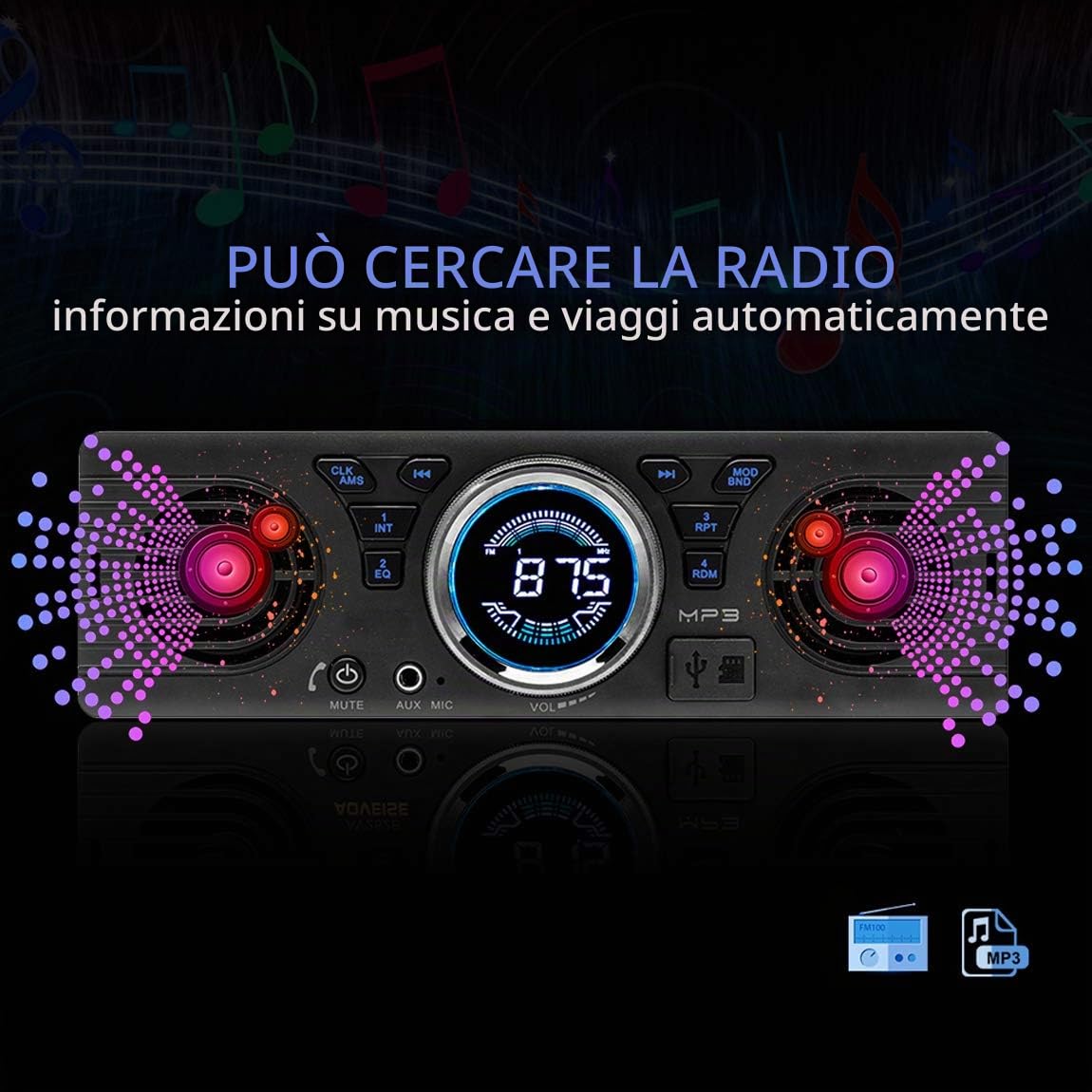 1 DIN Bluetooth Autoradio con Due Altoparlanti Universale 12V FM MP3 Autoradio Bluetooth Chiamata in Vivavoce Auto in-Dash Car Stereo