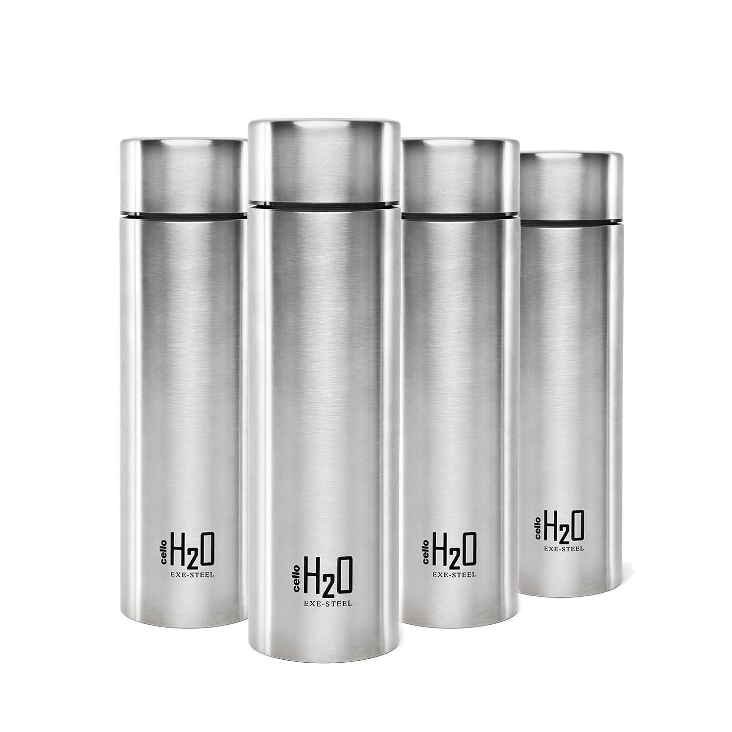 CELLO H2O Stainless Steel Water Bottle For Office & Daily Use Set of 4 Pcs, 1000 ml Silver | Single Wall Freezer & Fridge Safe, Lightweight Leakproof Rustproof Steel Water Bottle For School Gym Travel