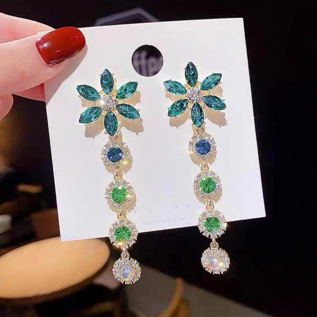 14K Gold Long Rhinestone Flower Drop Dangle Earrings for Women,Sparkly Green Cubic Zirconia Statement Dangling Earrings,Dainty Wedding Jewelry Gifts - Image 5