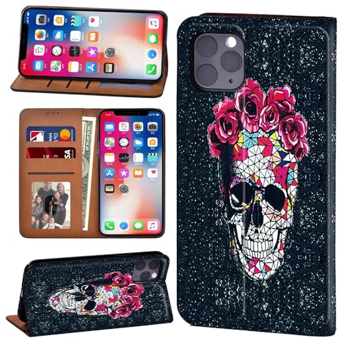 Image of Wallet Case for iPhone 11 6.1", Leather Book Case with Card Holder Kickstand Magnetic Closure Flip Case Cover for iphone 11 Pro and 11 Pro Max (iphone 11 6.1",black skull)