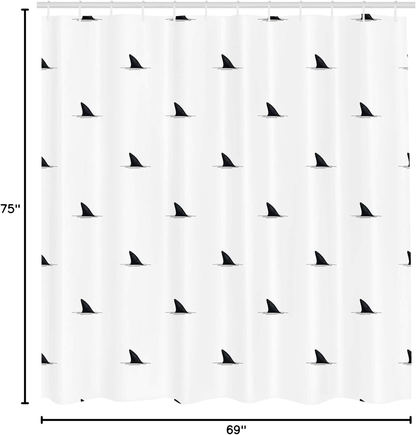 Ambesonne Sea Animals Shower Curtain, Pattern of Shark Fins Speedy Fish Hunting Minimalistic Design Artwork Print, Cloth Fabric Bathroom Decor Set with Hooks, 69" W x 75" L, White Black