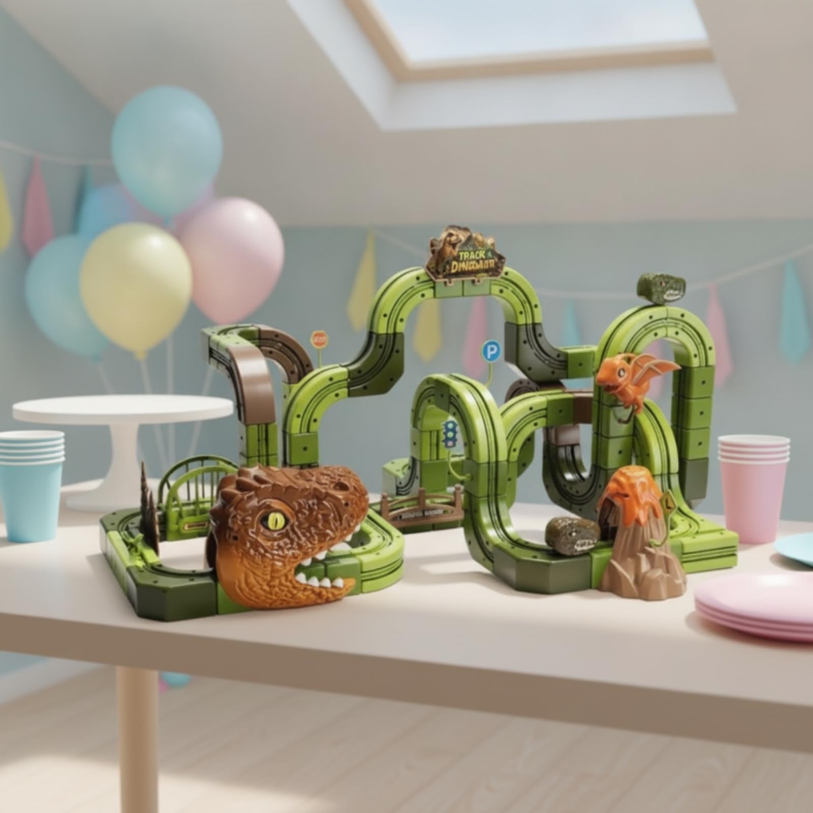 Pista Veicolini con Dinosauri Sicuro, Verde, Size to 1 | Modulare, Combinabile, Pista Giocattolo con Dinosauri, per Area Giochi