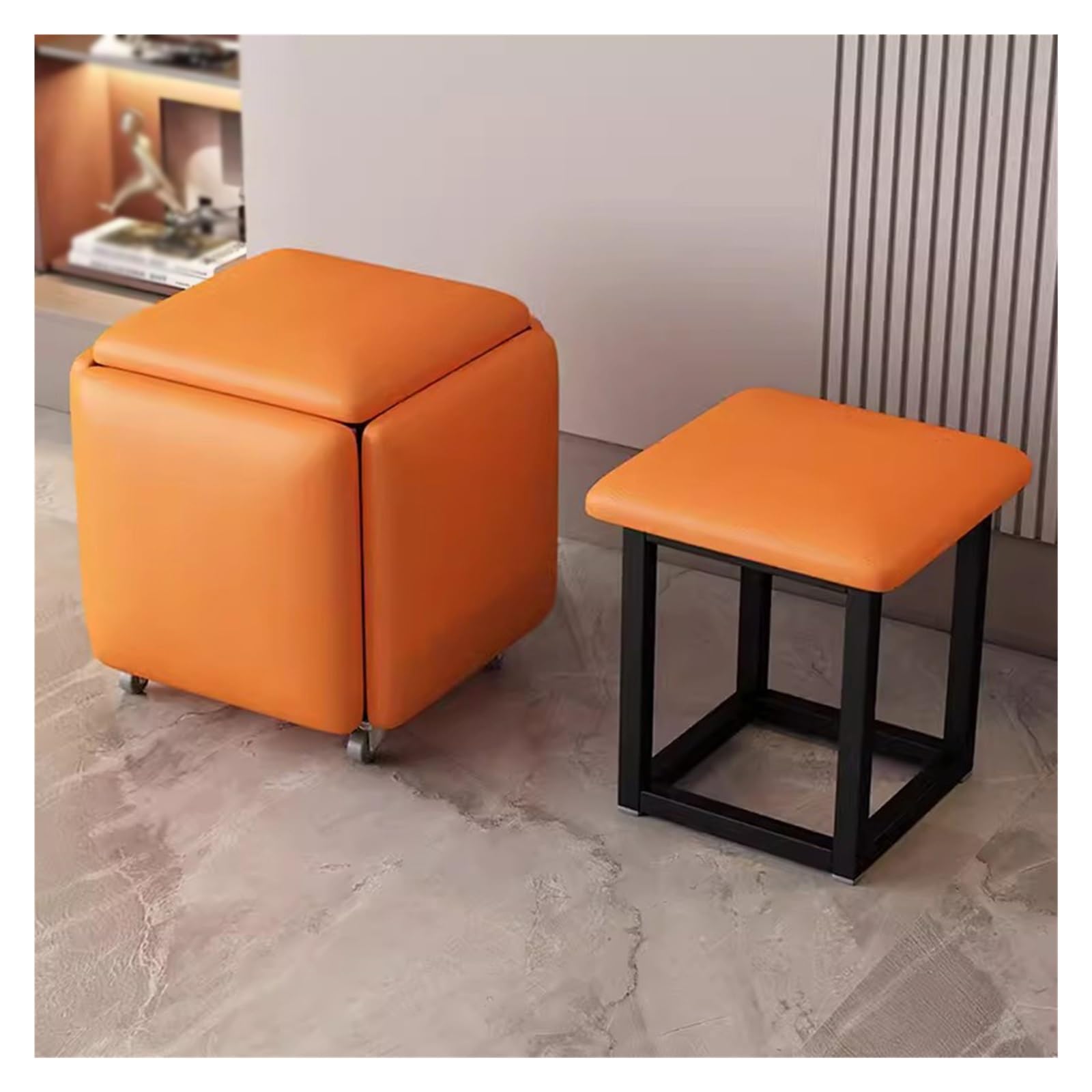 WDSOPK 5 in 1 Nesting Ottoman Cube Chair with Swivel Casters Stackable Sofa Chair Nesting Ottoman Stool Movable Footstool Dressing Chair for Living Room（Orange）