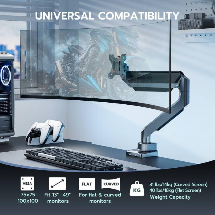 Image of Heavy Duty Single Monitor Mount for 13 inch-49 inch Curved Screens with USB, Gray