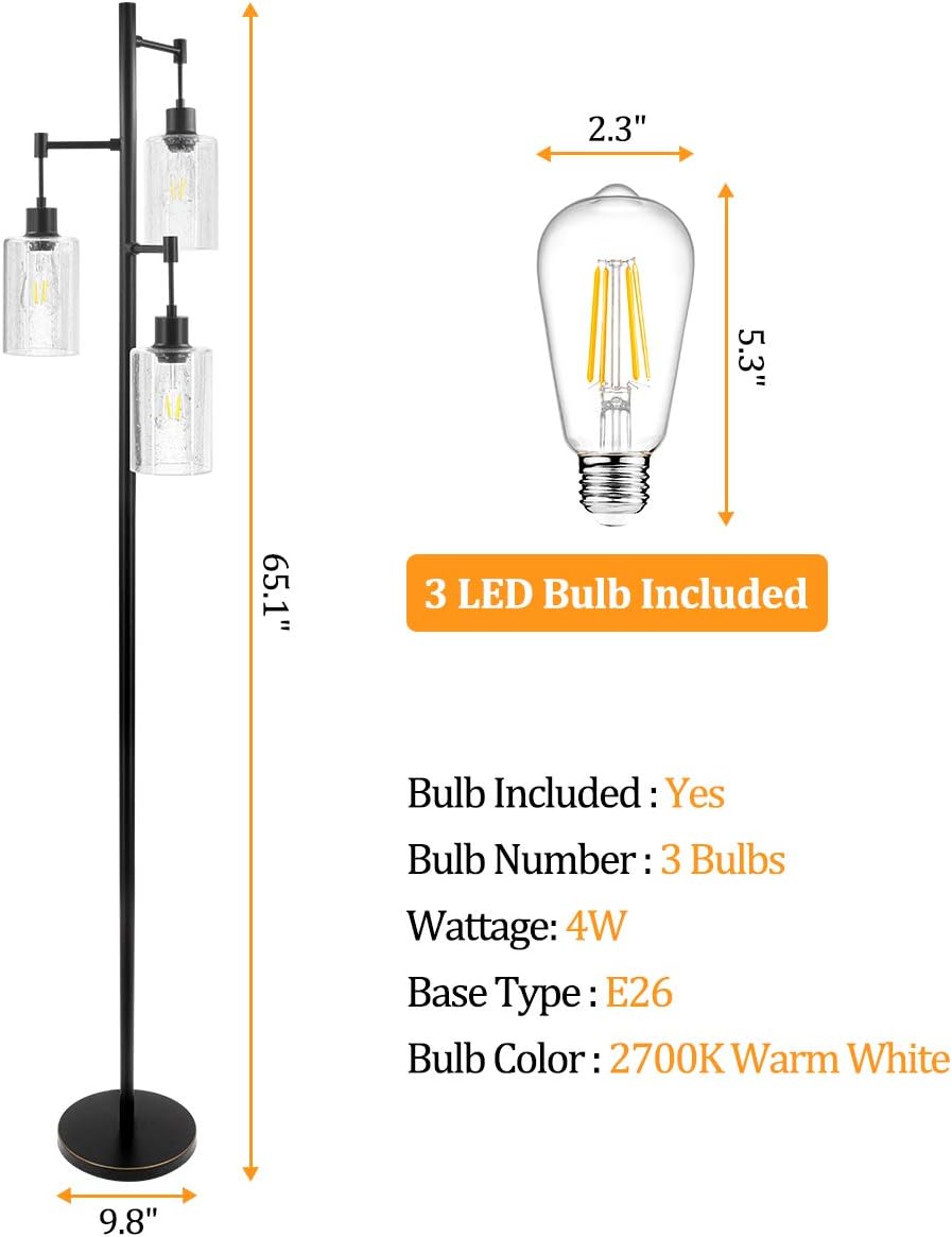 Industrial Floor Lamp for Living Room, Tree Floor Lamp with 3 Hanging Bubble Glass Shade & ST58 Edison LED Bulbs, Sturdy Base Tall Vintage Pole Light Great for Farmhouse Rustic Home Bedroom Office