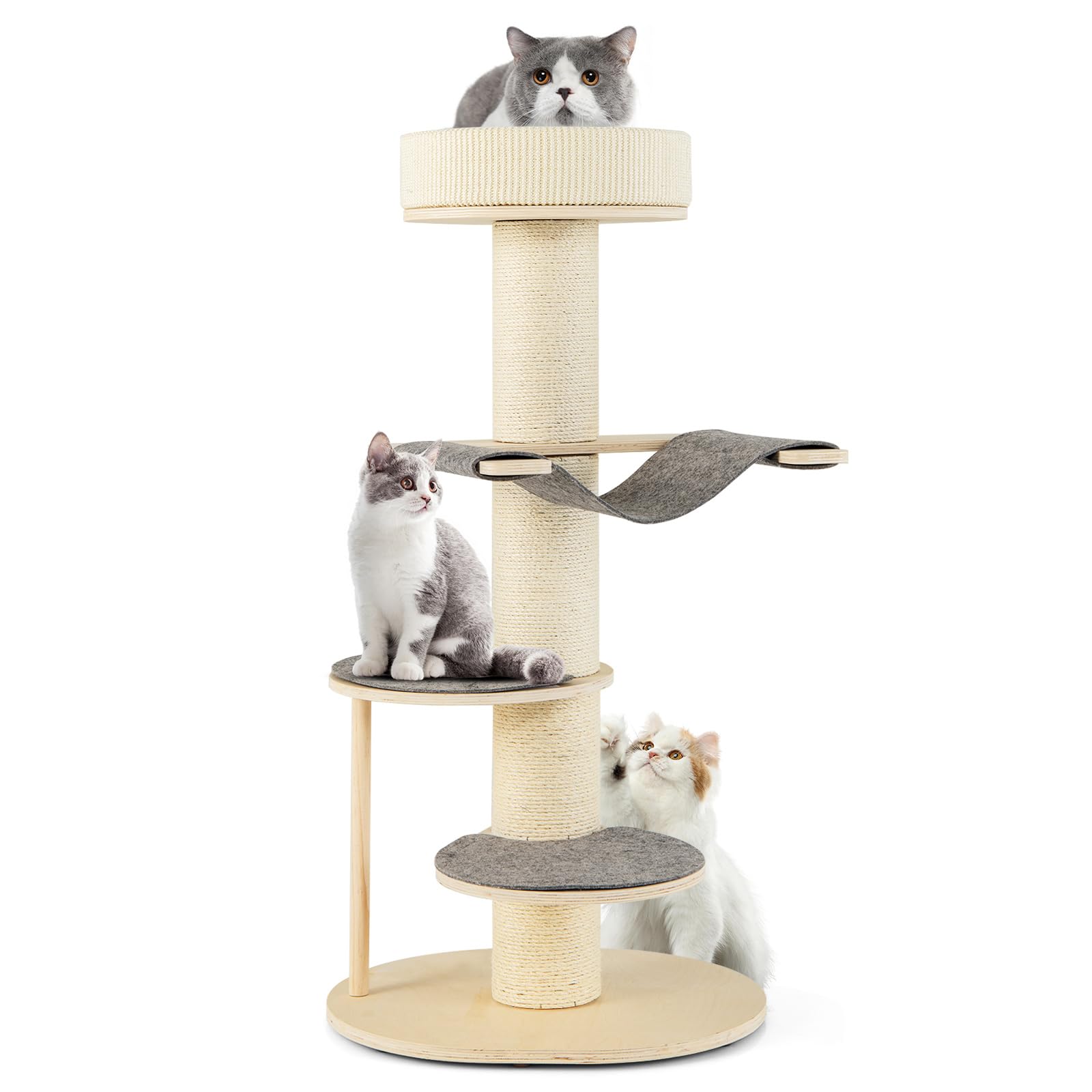 GYMAX Wooden Cat Tree, 120cm Cat Climbing Tower with Thickened Sisal Scratching Posts, Sisal Carpet, Hammock, 2 Platforms & Removable Pad, Multi-level Cat Play Center for Indoor Cats Kittens