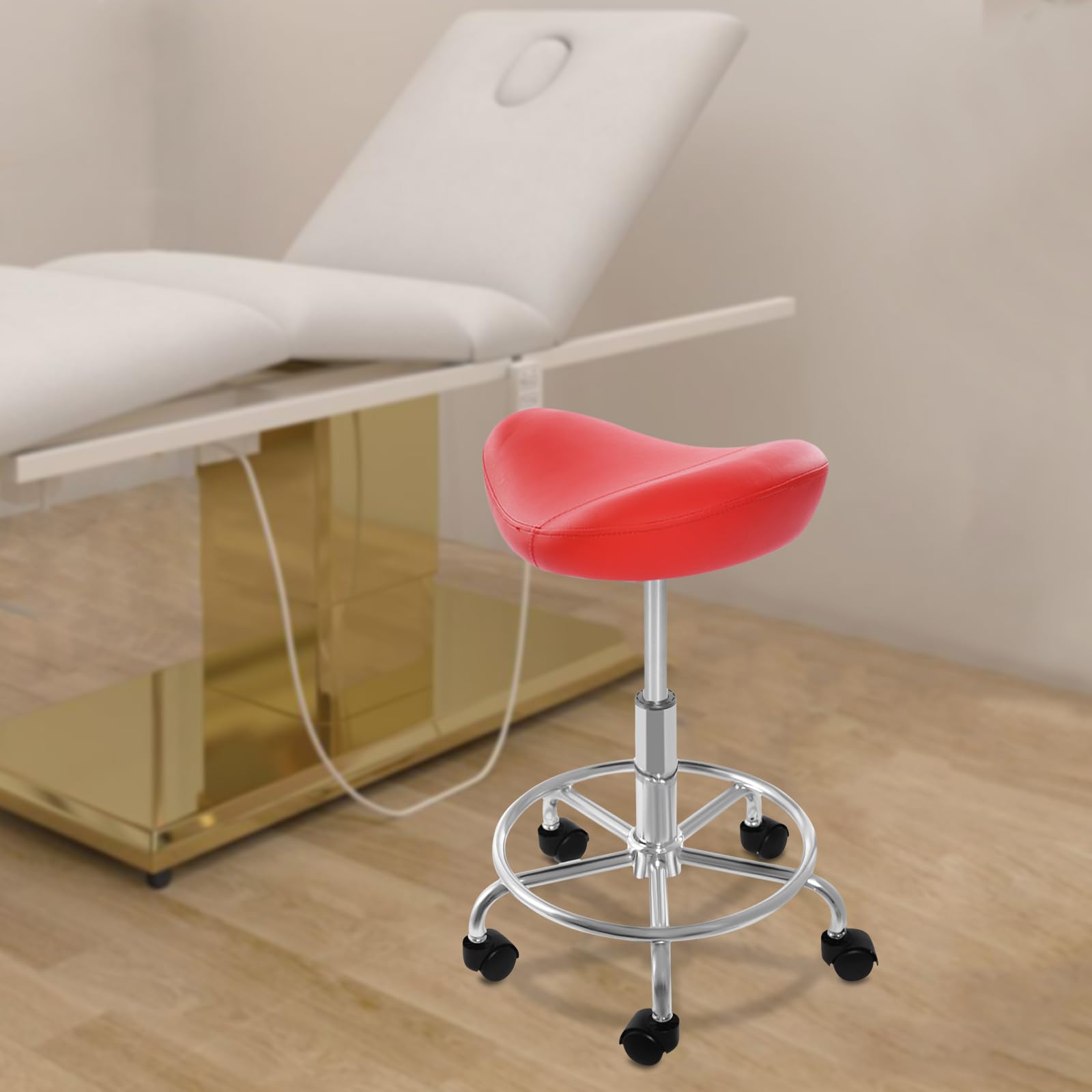 Sgabello da sella con ruote, regolabile in altezza a 360°, per ufficio, salone, massaggio, spa a casa, altezza regolabile da 45 a 59 cm (rosso)