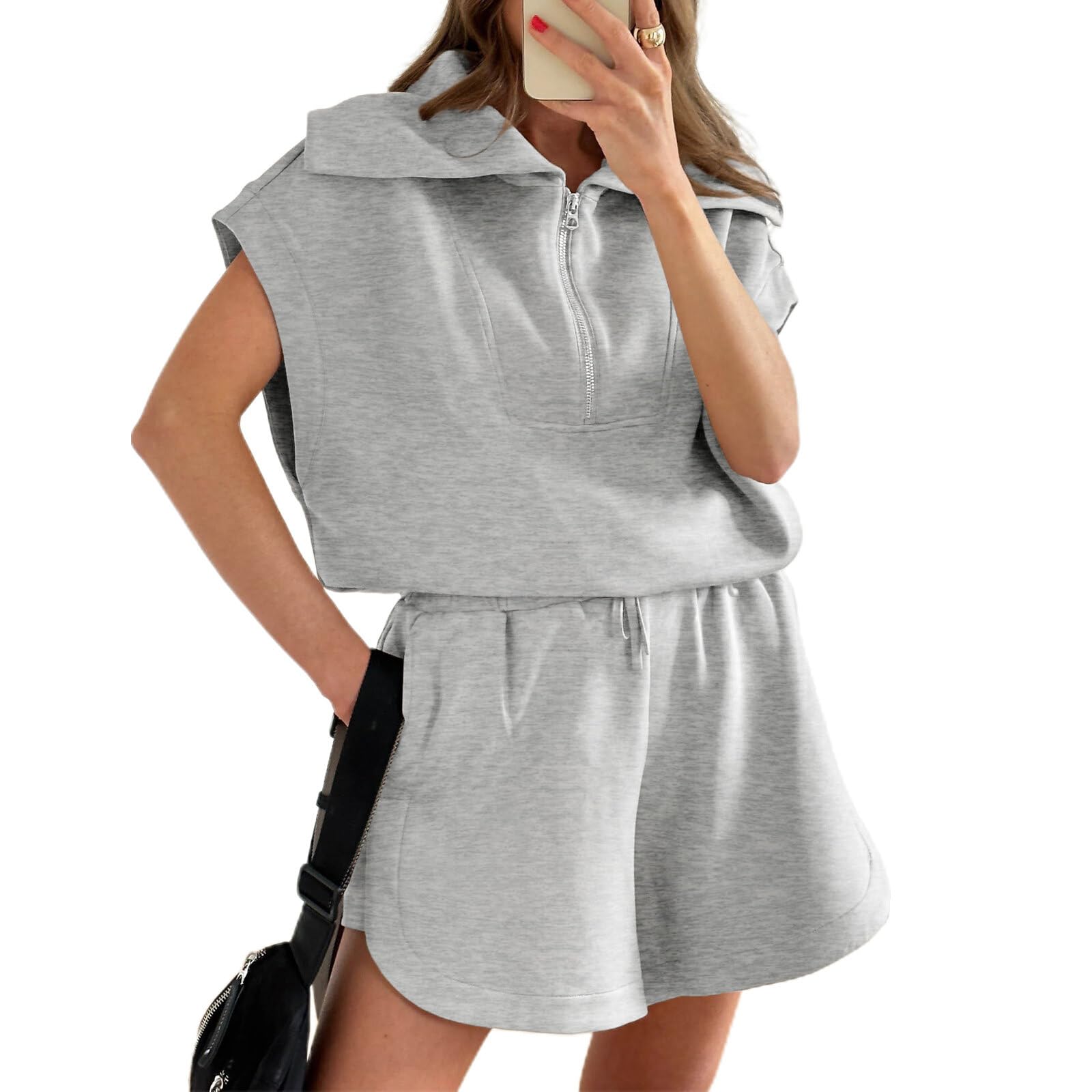 YEMOCILETwo Pieces Outfits For Women Oversized Half Zip Lapel Cap Sleeve Sweatshirt Shorts Tracksuit Set