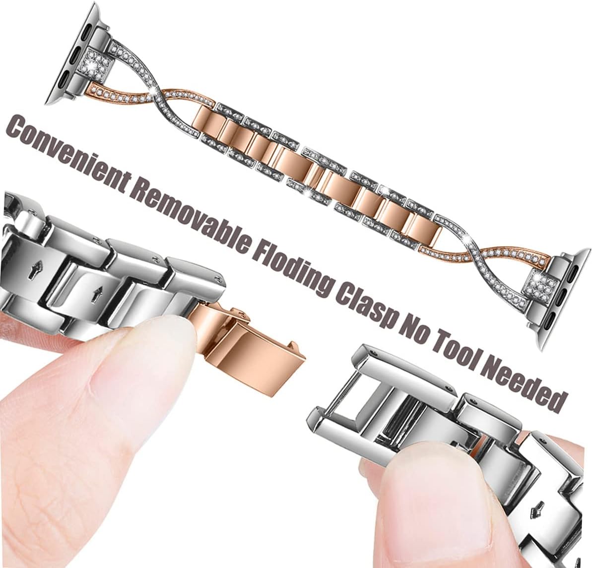 for Apple Watch Band 38mm 40mm 41mm 42mm(Series10 11) Women Series11 10 9 8 7 6 5 4 SE iwatch Bands Bling Metal Bracelet Cute Dressy Strap Silver rose gold - Image 2