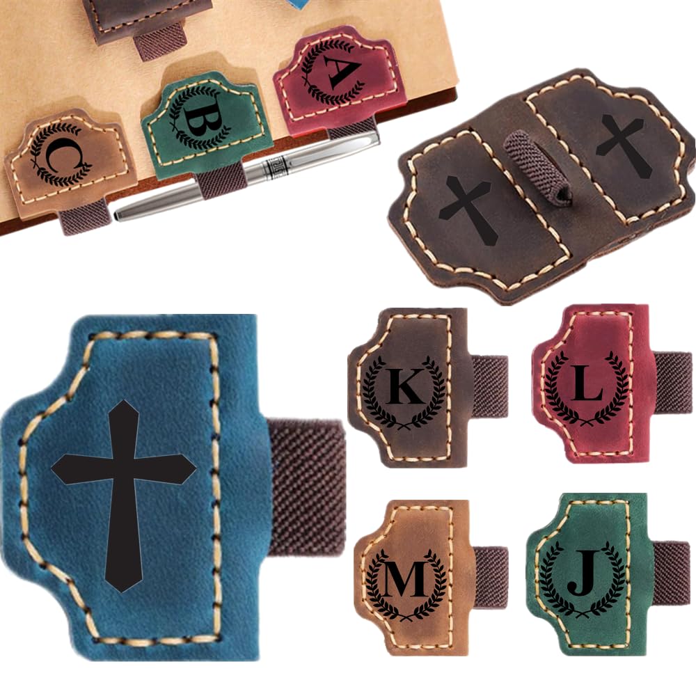 Custom Bookmark with Pen Holder with 26 Letters Personalized Magnetic Leather Book Mark, Customized Name Book Marker Clip with Initial for Men Women, Gifts for Book Lovers, Readers, (Blue, Cross-1)