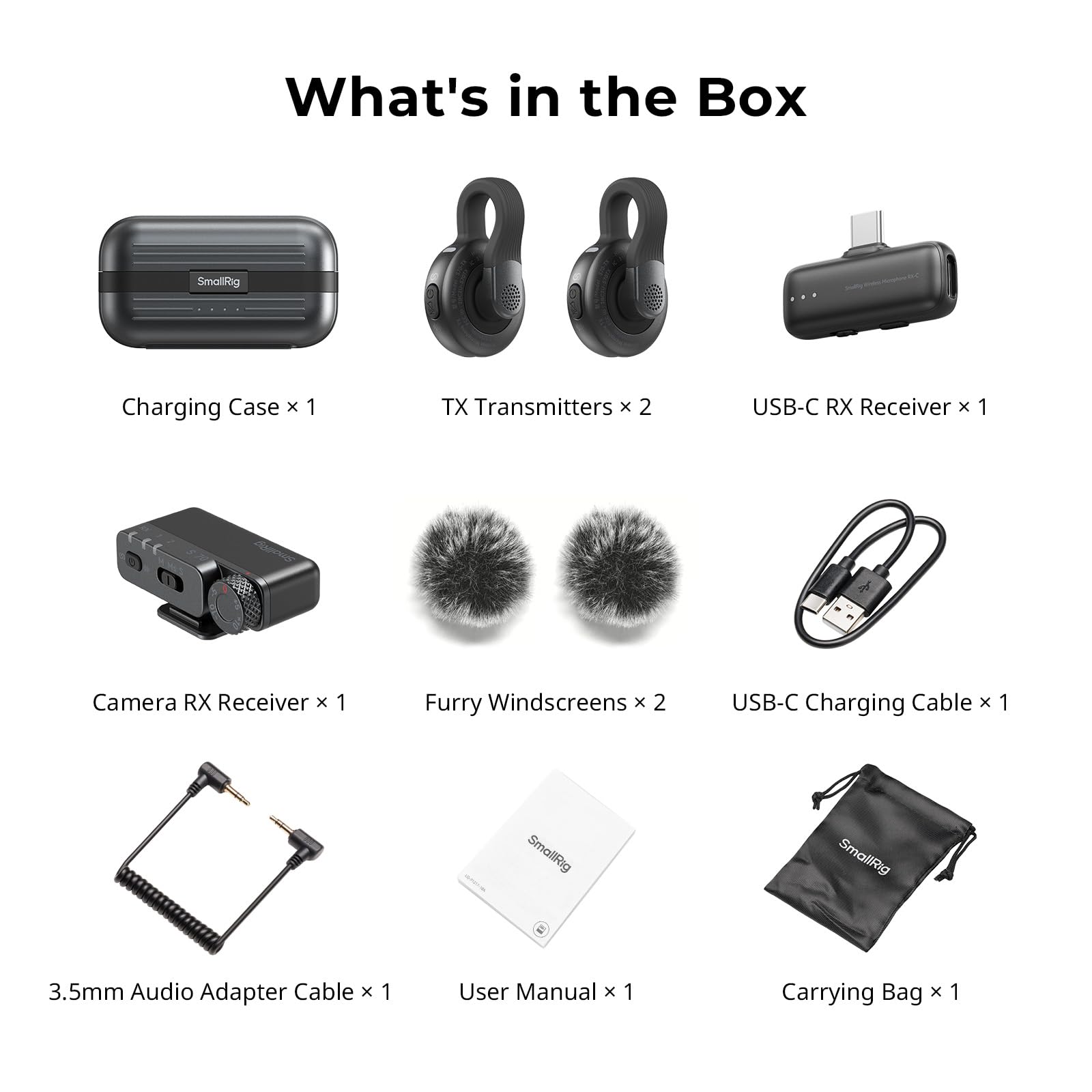 SMALLRIG S70 Microphone sans Fil Compact 2 TX + 2 RX + étui de Chargement USB-C Jack 3,5 mm 48h Noir