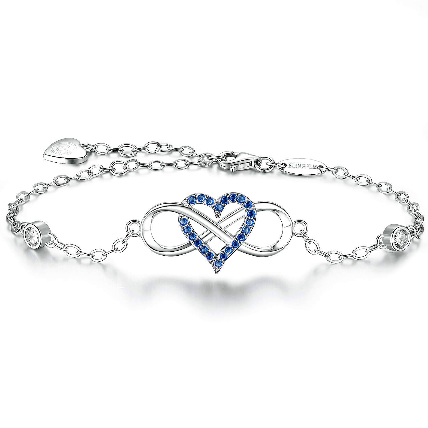 BlingGem Pulsera para Mujer Infinito Plata Chapado en Or Blanco Rosa Infinito Corazón Azul Zirconia Cúbica Regalo para Cumpleaños Aniversario Joyería Regalo para Mujer Novia