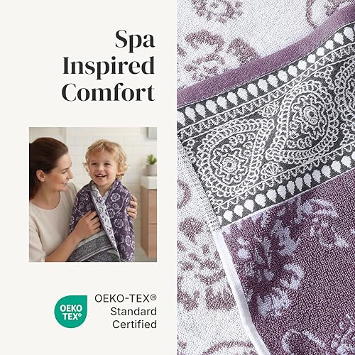Image of Modern Threads 6 Piece Bath Towel Set - Bathroom Set with 2 Bath Towels, 2 Hand Towels, and 2 Wash Cloths - 100% Cotton, Super Absorbent & Extra Soft - Reversible Floral Trail (Purple)