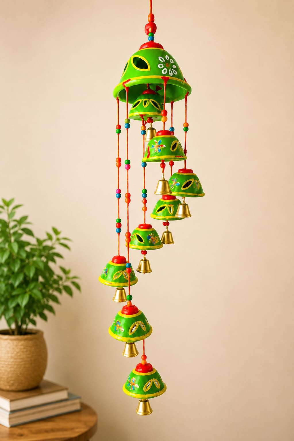 Handpainted Clay Wind Chime with Bells and Beads, Green | Terracotta Material, Traditional Art, Indoor Outdoor Decor, Cascading Design, Hanging Decoration-image-18