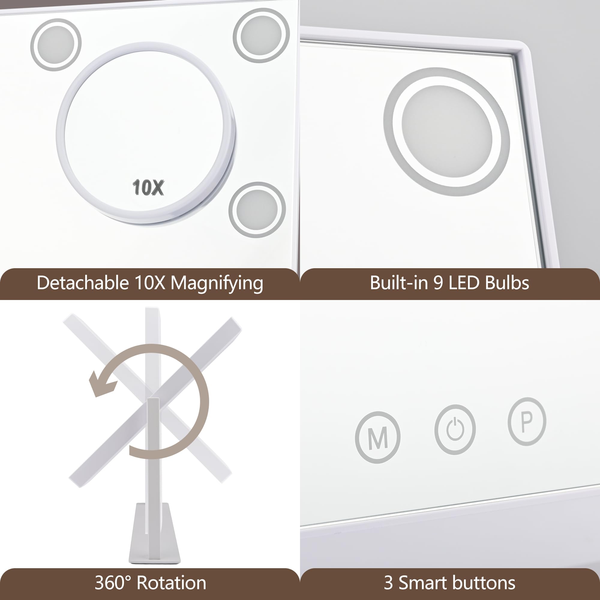 Miroir de maquillage éclairé, miroir de courtoisie Hollywood de 35,6 x 30,5 cm avec 9 ampoules LED, 3 lumières de couleur, miroir grossissant x10 amovible, rechargeable 1200 mAh, contrôle