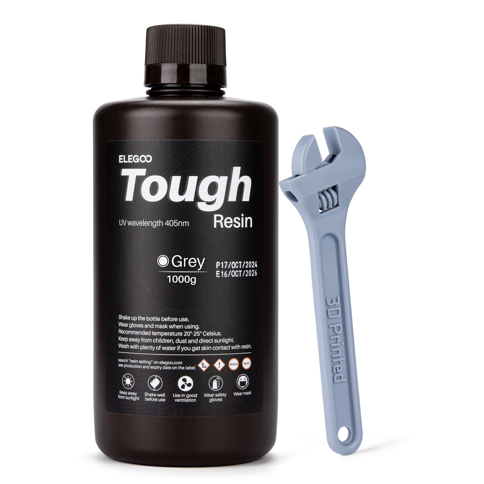 ELEGOO Résine Tough pour Imprimante 3D, Résine Robuste avec Haute Dureté, Faible Viscosité, Faible Retrait, Compatible avec Imprimantes 3D MSLA/LCD/DLP, Gris 1000g