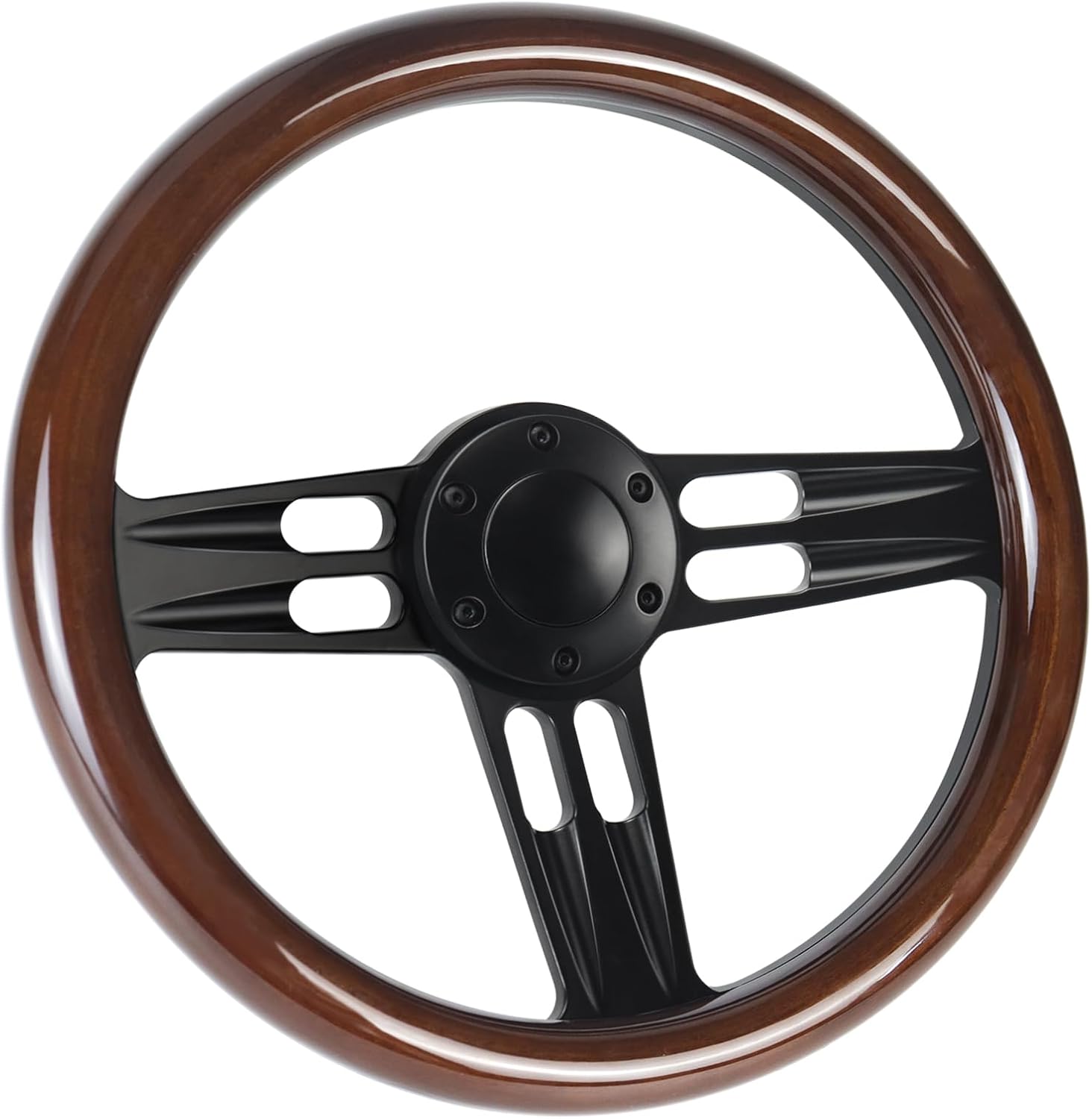 YHK 14 Inch Wooden Racing Steering Wheel, Universal 6 Hole Bolt Steering Wheel, 3 Spoke with Horn Buttons for Racing/Motorsport/Rally/Car Simulator Driving (Brown)