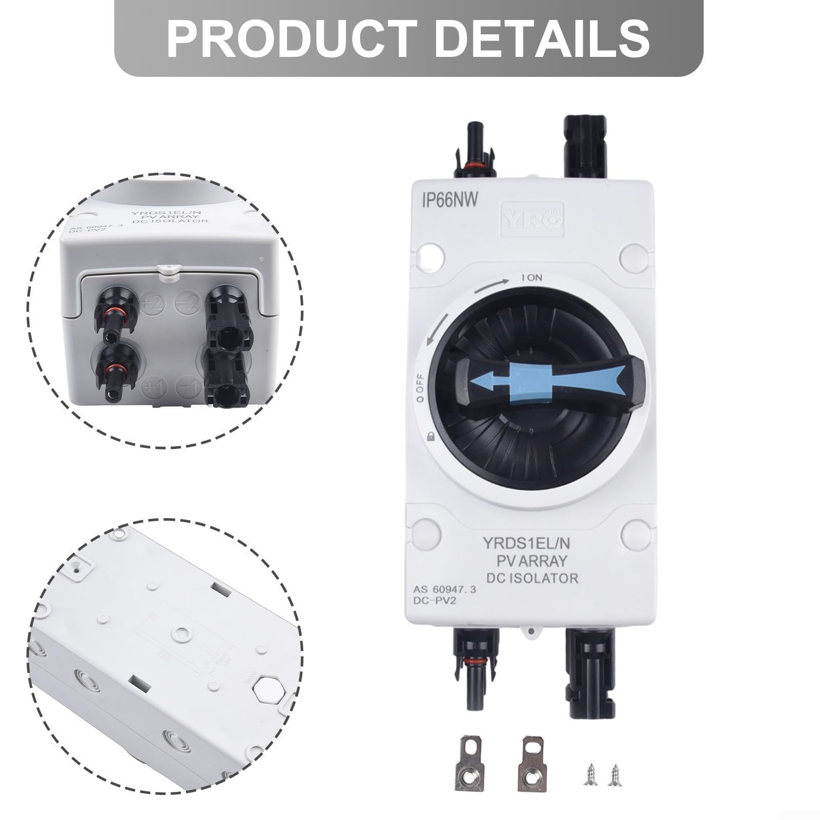 3 interruptores de desconexión de 2 A 1000 V CC PV CC de 4 polos, clasificación IP66 para interrupción manual de circuito en sistemas solares y de almacenamiento de baterías