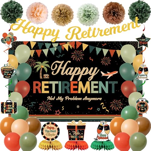 Vlipoeasn Retirement Decorations for Men Women Colorful Vintage Retirement Party Set with Backdrop Banner Honeycomb Centerpieces Hanging Swirls Office Retired Farewell Decor