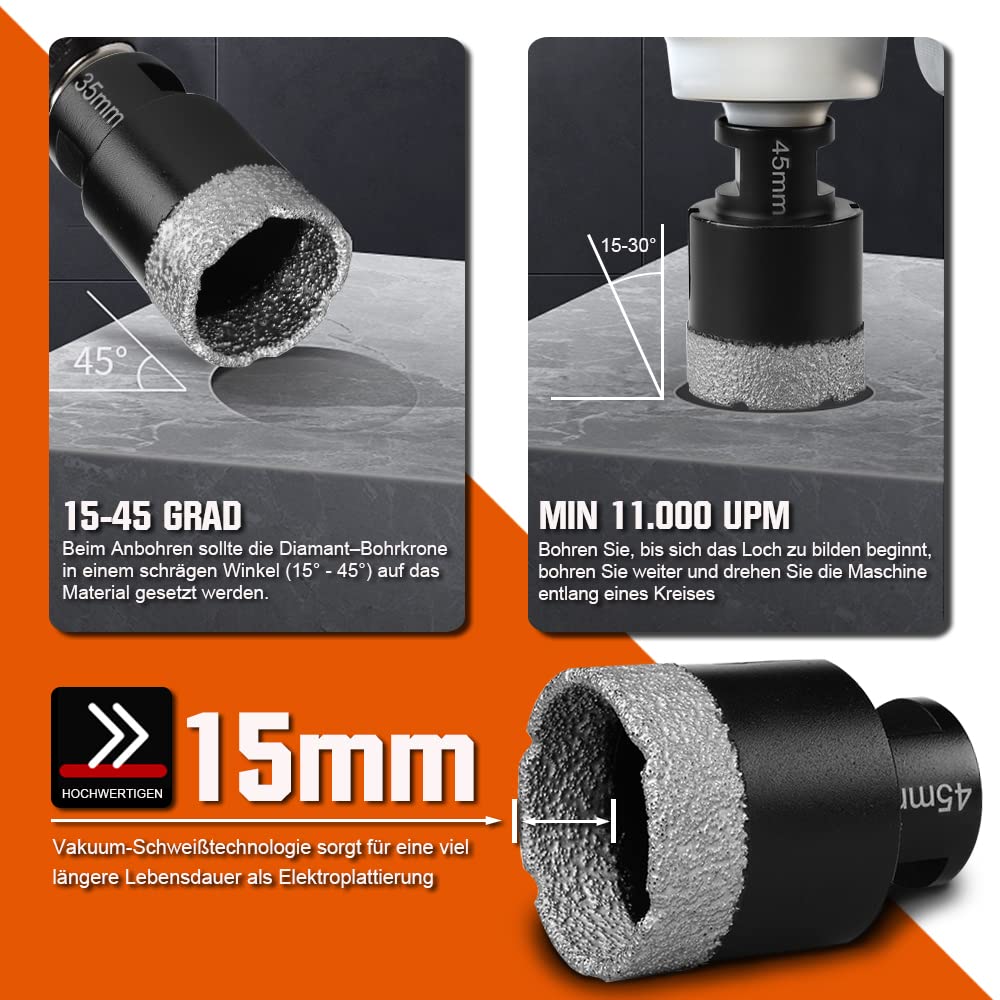 7-częściowy zestaw wierteł do płytek M14 x 15 mm, diamentowa koronka wiertnicza 20-68 mm + tarcza tnąca 125 mm, do szlifierek kątowych, otwornic, płytek, granitu, gresu, ceramiki, muru, korony