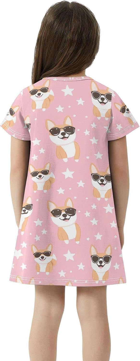 Corgi Pattern Girls Dresses Summer Dresses for Girls with Cotton Short Sleeves for Casual a Line Dress Size 2-8Y