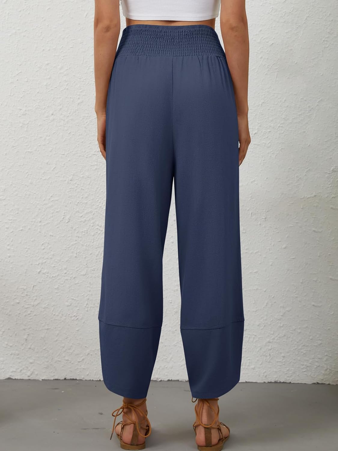 Womens Linen Pants Wide Leg Palazzo Capri Barrel Harem Pants Casual High Waisted Trousers with Pockets Beach