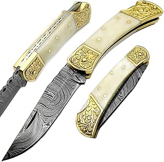 Camel Bone Brass Double Bloster with Scrimshaw Work 7.6'' Handmade Damascus Steel Folding Pocket Knife with Back Lock 100% Prime Quality