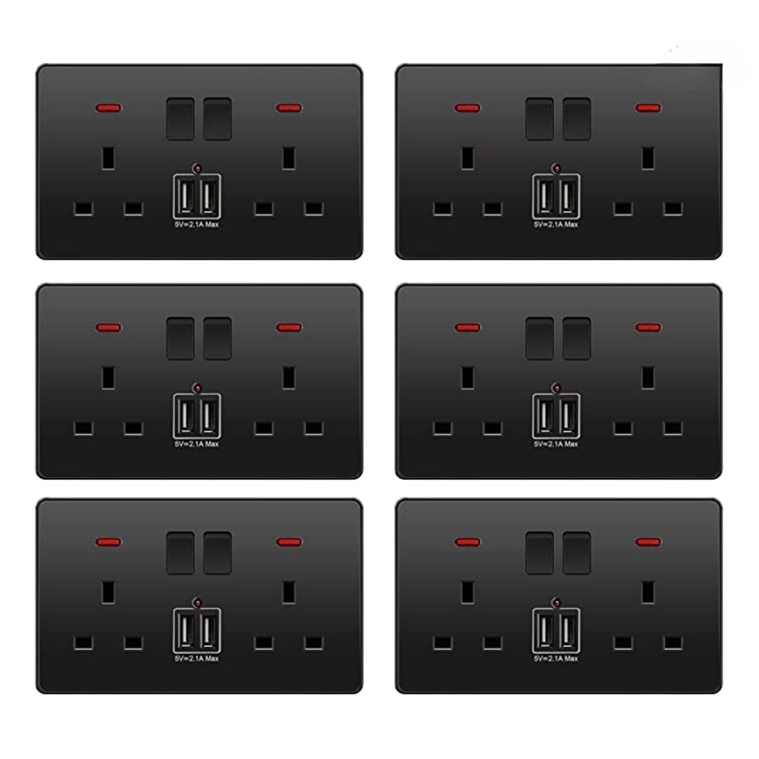 SamyegppWall Outlet, Universal Wall Socket, 2 Sets, 2 USB Plug Switch Power Supply Plate, Multifunctional Three Hole Socket Outlet Extend 6 Pack (Black, British socket)