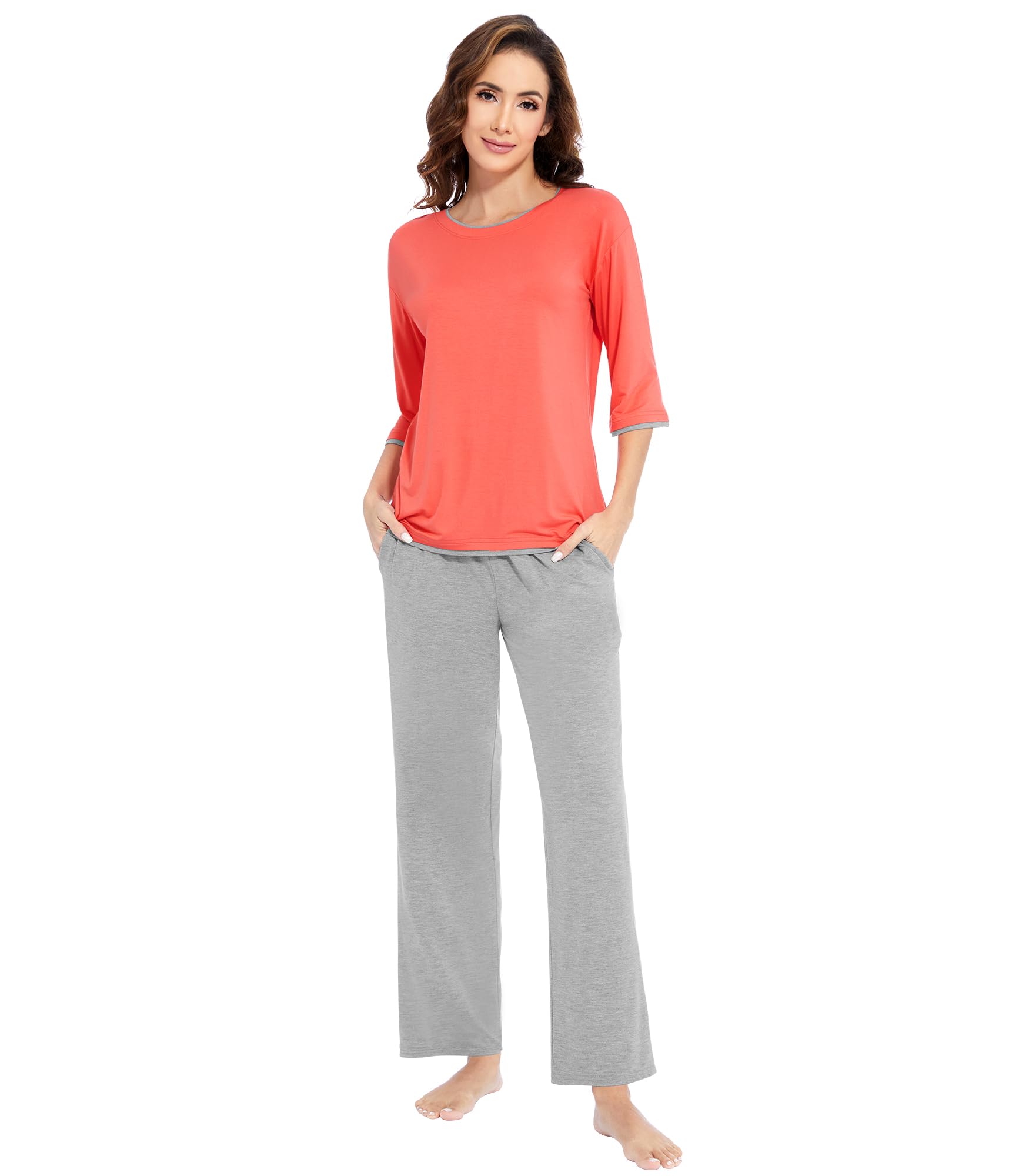 WiWi 3/4 Sleeve Bamboo Pajama Set with Pockets