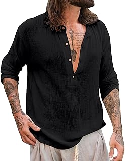 Men's Casual Henley Shirts Long Sleeve Solid Color Beach T Shirts Hippie Yoga Summer Top