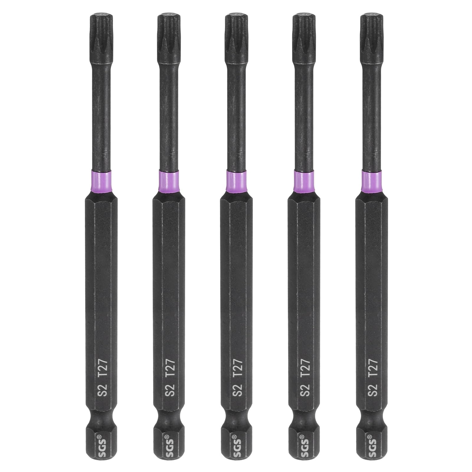 sourcing map 5pcs T27 Torx Head Impact Screwdriver Bits 1/4" Hex Shank 4" (100mm) Long Magnetic No Hole Tamper Proof 6 Point Star Screw Driver Drill Bits Phosphate S2 Steel Power Tools