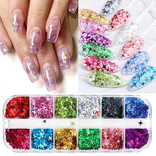 Holographic Star Nail Glitter 12 Colors/Set 3D Iridescent Nail Art Sequins Flake Acrylic Manicure Paillettes Ultrathin Face Body Glitters for Nail Art Decoration Nail Decals DIY Crafting