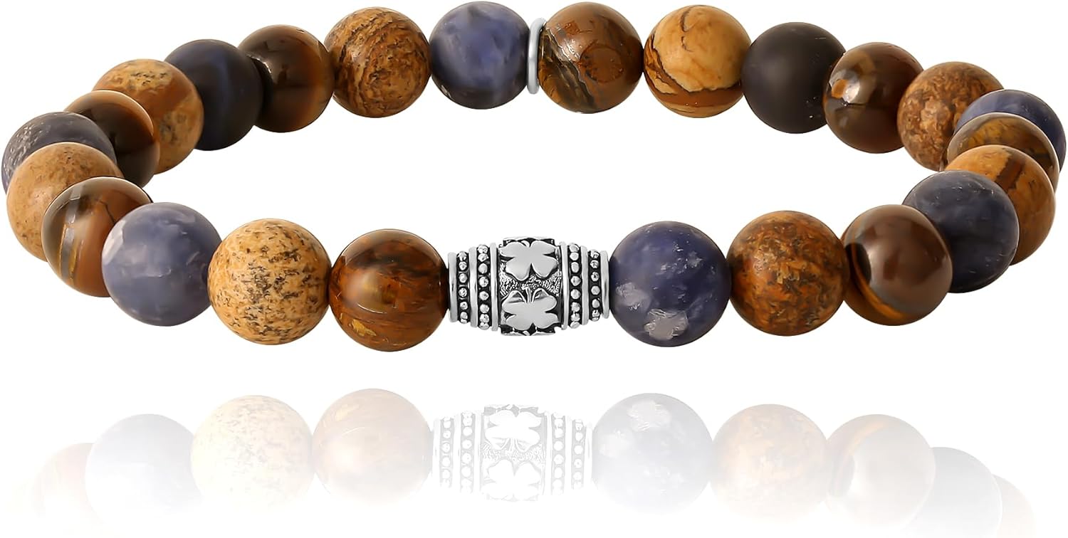 Lucky Brand Jasper and Tiger Eye Bracelet, Stretch Beaded Bracelet for Men with Logo Bead and Jasper and Tiger's Eye Beads