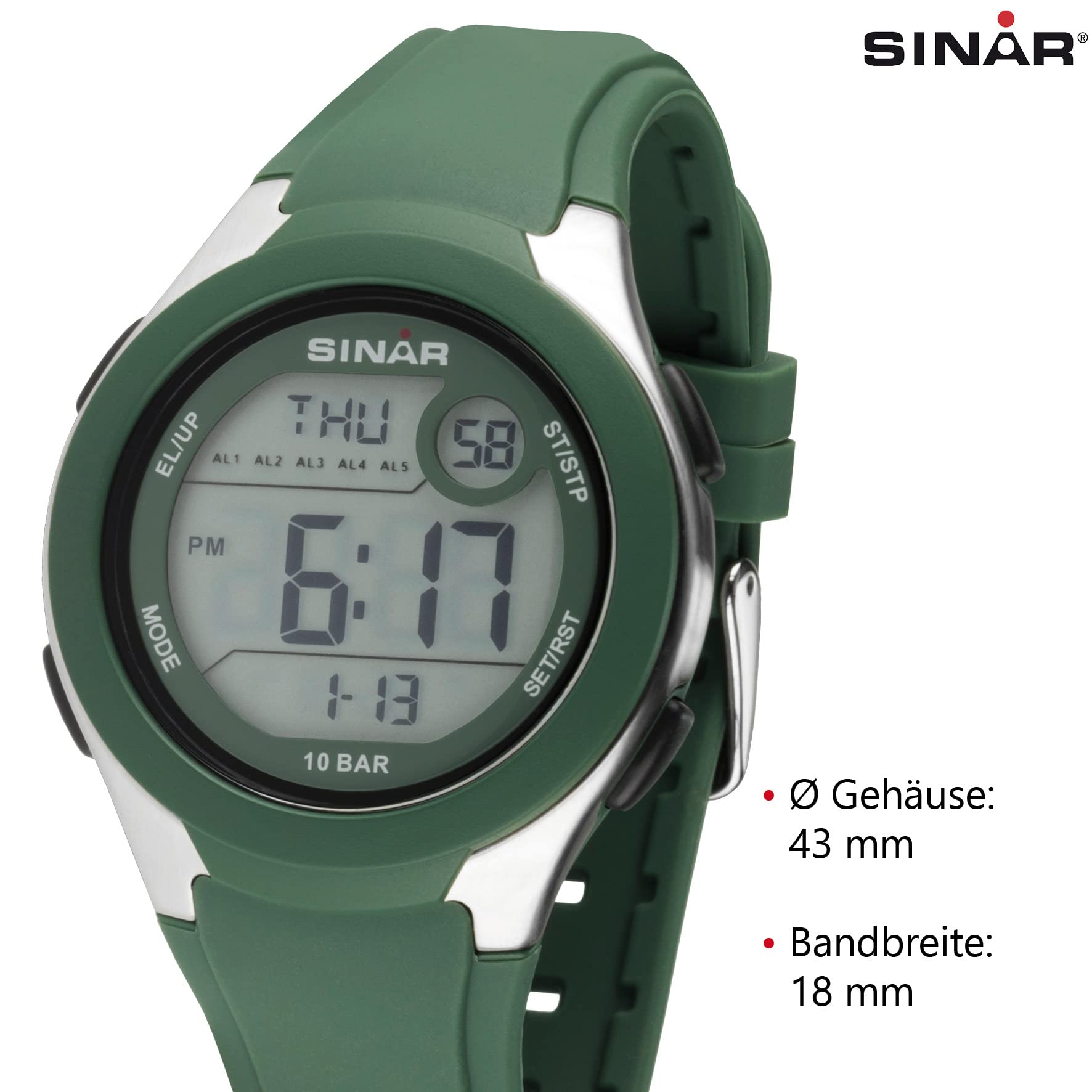 SINAR Zegarek damski męski młodzieżowy zegarek na rękę unisex zegarek sportowy outdoor cyfrowy kwarcowy 10 bar z silikonowym paskiem, 5 alarmów i światła khaki zielony XV-19-3