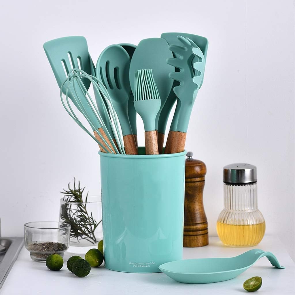 Kochutensilien, 12-teiliges Küchenutensilien-Set mit Halter, Silikon-Kochutensilien-Sets, Holzgriff, antihaftbeschichtetes Kochgeschirr-Set, grüne Kochutensilien-Sets