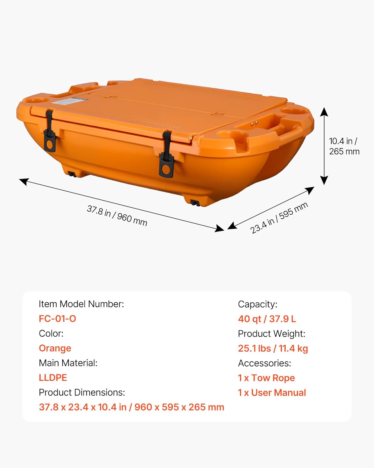 VEVOR Floating Cooler 40 QT Floating Ice Chest with Wheels & Tow Rope, Premium LLDPE Amphibious Beverages Cooler for Water & Land, Cruise Stable on Lake, River, Beach, Kayak
