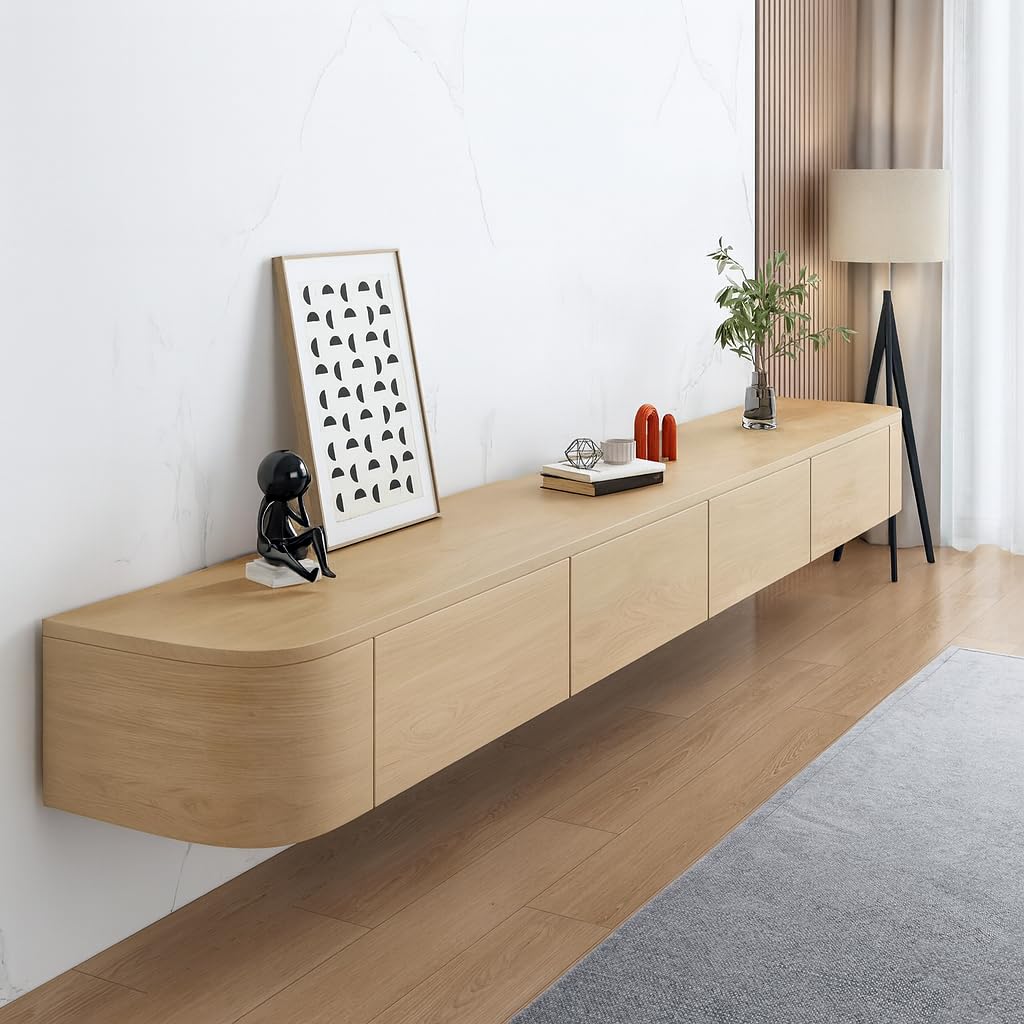 Meuble TV flottant moderne de 240 cm de large en bois pour salon, meuble mural élégant, économiseur d'espace, décoration contemporaine, idéal pour les petits espaces
