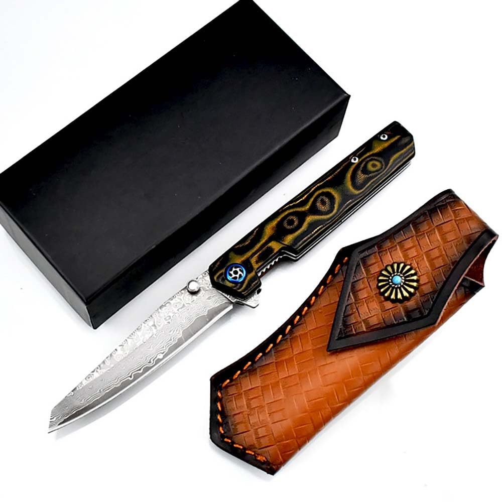 Taschenmesser Damast leicht Klappmesser Aus Damaststahl mit liner lock, Bunt G10 griff, 9.1cm Damaszener Klinge, Outdoor Edc Messer Survival Jagdmesser, Damaskus Geschmiedet, Einhandmesser, Holster