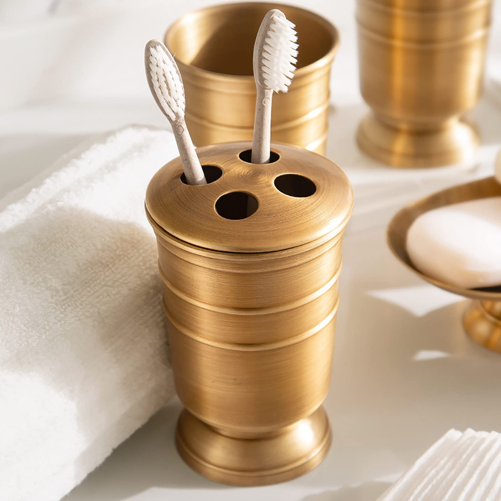 Juegos de Accesorios de baño, Cobre Acesorios Cuartos de Baño 6 Piezas con Dispensador Jabon Baño, Jabonera Baño, Porta Cepillo de Dientes, para Champú, Antiguo Oro