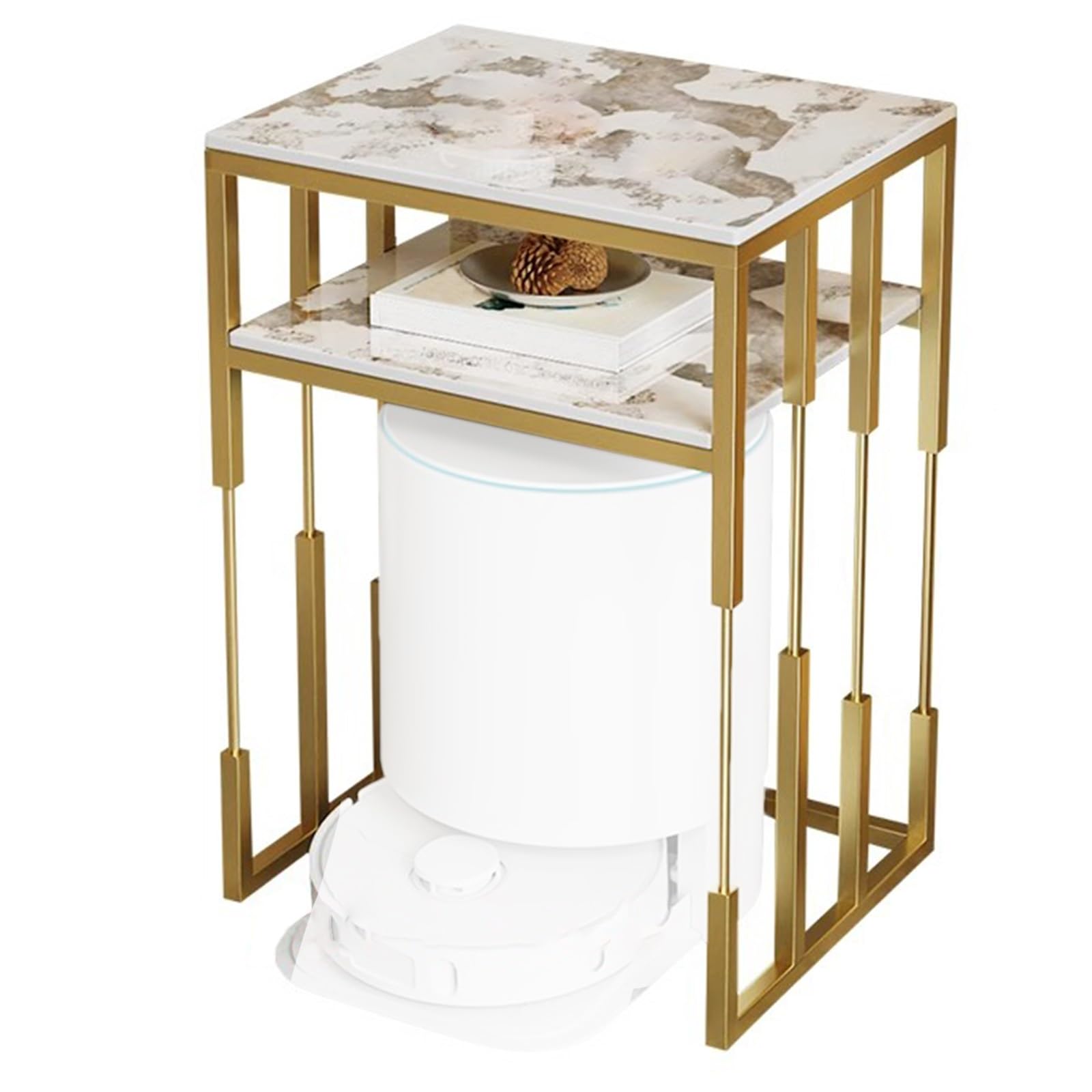 Stojak nocny na robota odkurzającego, uniwersalna stacja dokująca do ładowania robota odkurzającego o wysokości 67/50 cm, stolik boczny ze stalową ramą i kamienną po,Gold - 2 Tier-50x40x70cm