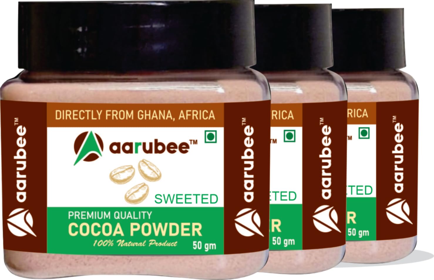 AARUBEE Cocoa Powder - sweetened, Non-GMO, Vegan, Gluten-Free Cocoa Powder for Baking, Desserts, and Beverages (50 Gram) (Pack Of 3)