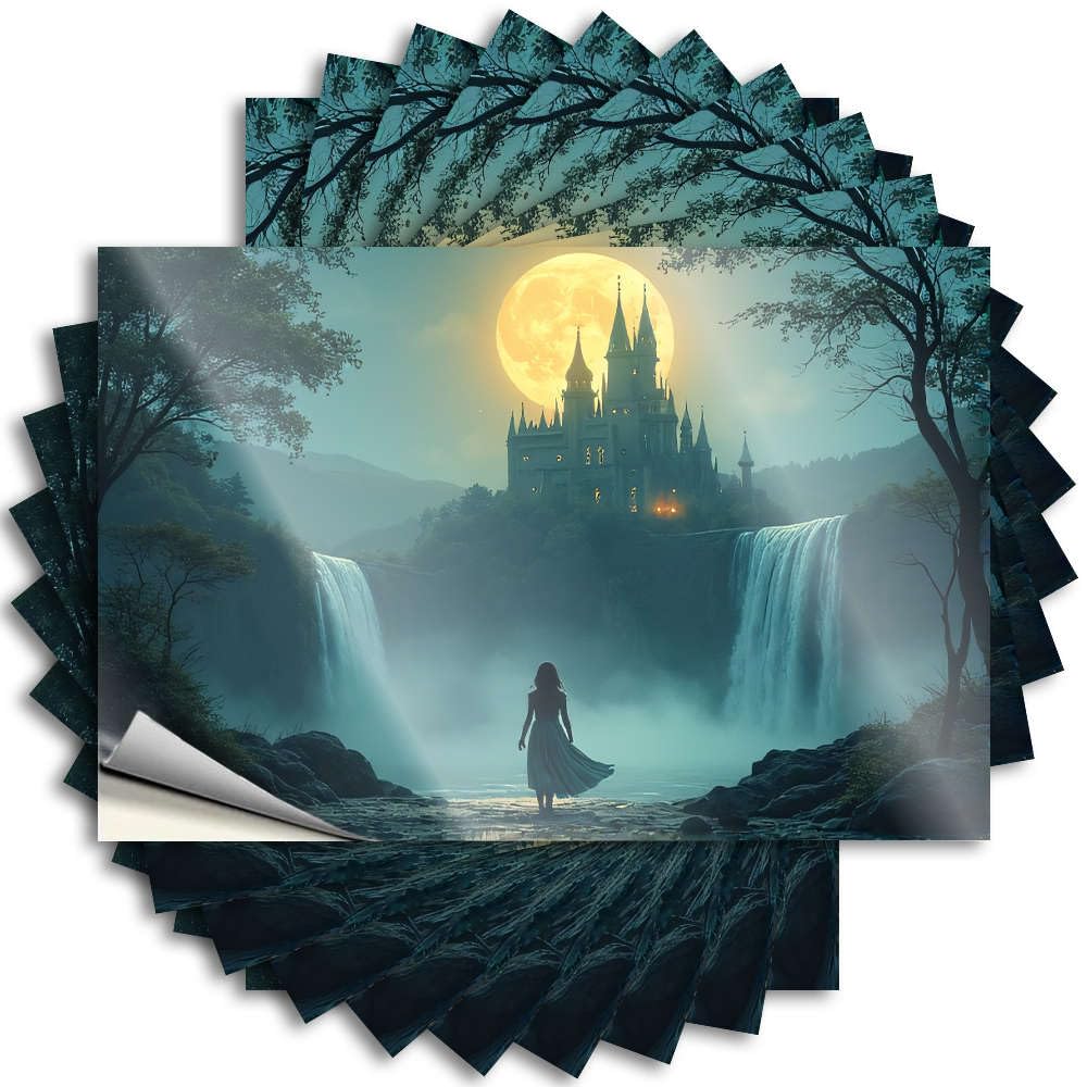 Saying Room Decor Indie Aesthetic Adult Vintage Cover A Woman Stands Before A Castle Under A Full Moon. - Scratch Resistant Stickers(8X12CM)