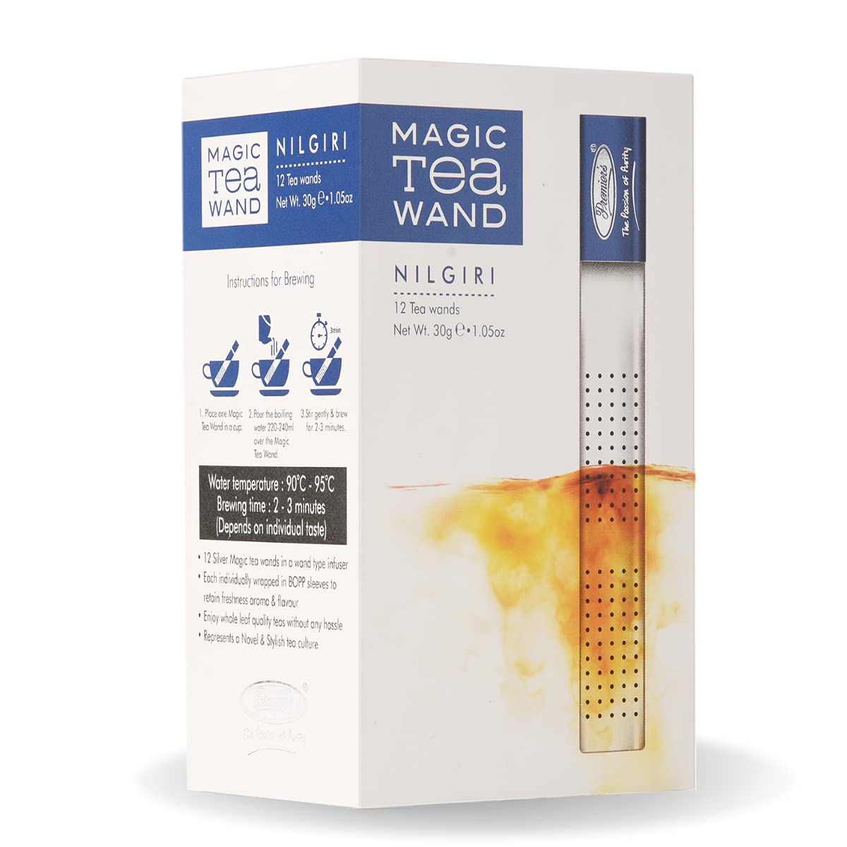 Premiers Nilgiri Tea, Premium Black Tea, Single Origin Tea, Leaf Tea in Magic Tea Wands, 12 Wands, 30 Gms, Light-Bodied with Floral Flavours, Make Iced or Hot Tea, Tea Stick Infuser in a White Box