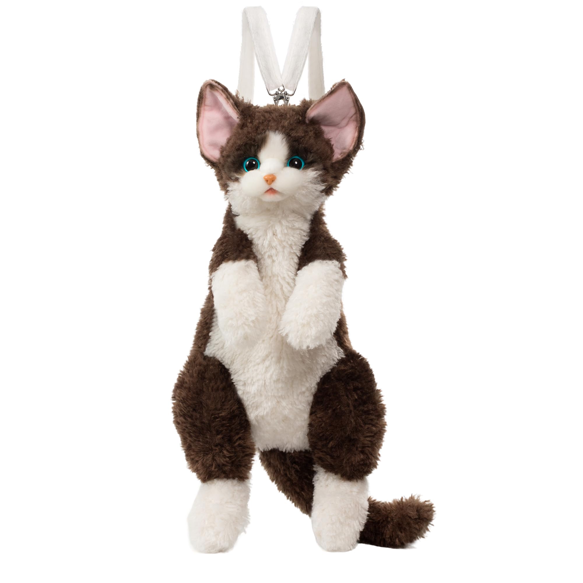 Stuffed Realistic Devon Rex Cat Backpack - Carry Over Shoulder, on One Shoulder or Crossbody with Adjustable Straps Cute and Soft Stuffed Cat Plush Backpack - Dark Brown