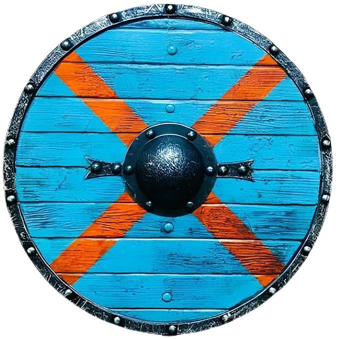 Rollo's Bouclier viking usé au combat – 61 cm – Décoration d'intérieur vintage rustique et cadeau, bleu et orange, claire, 61 cm