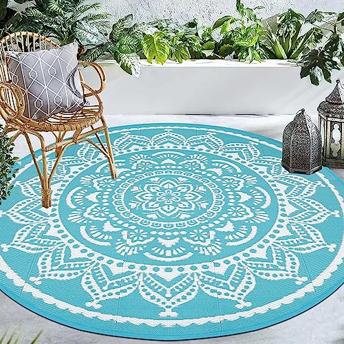 Bsmathom Round Outdoor Rug 6Ft for Patio Clearance, Reversible Outdoor Plastic Straw Camping Rug, Portable Washable Reversible Mats for Camping, RV, Picnic, Beach, Backyard, Pool Deck, Teal